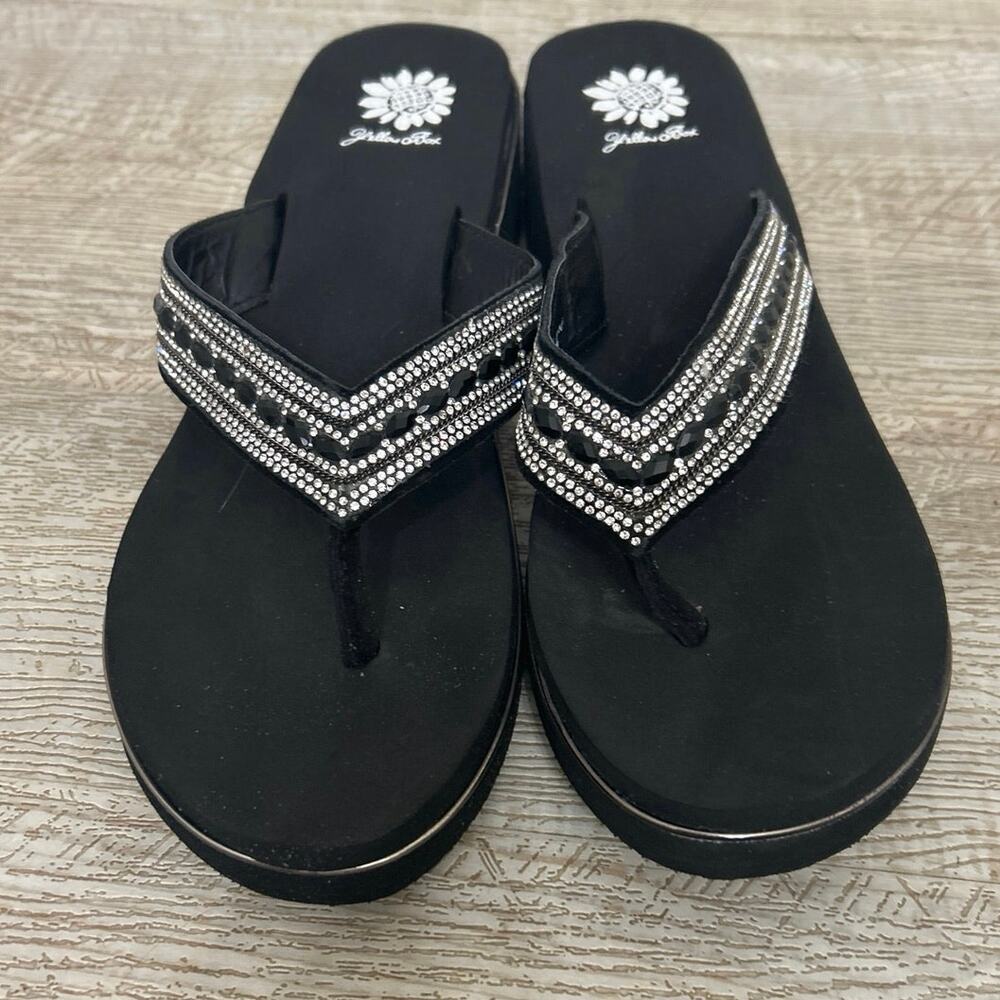 Yellow Box Marcy Rhinestone Wedge Flip Flop Sandals Black 11 Sparkle Comfort - Picture 2 of 11